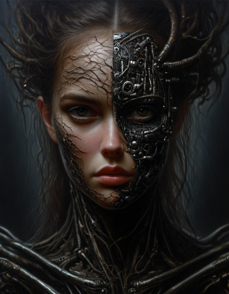 macabre style Highly detailed, realistic portrait of a Girl with half of his face transformed into a borg drohne intricate details on the fur and human features, intense gaze towards the viewer, by renowned fantasy artist Boris Vallejo or Luis Royo. (Realistic oil painting style) . dark, gothic, grim, haunting, highly detailed