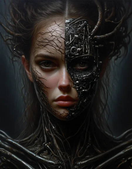 macabre style Highly detailed, realistic portrait of a Girl with half of his face transformed into a borg drohne intricate details on the fur and human features, intense gaze towards the viewer, by renowned fantasy artist Boris Vallejo or Luis Royo. (Realistic oil painting style) . dark, gothic, grim, haunting, highly detailed