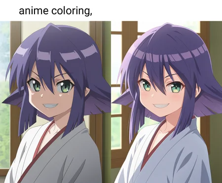 masterpiece, best quality, amazing quality, 1girl, solo, anime coloring, (portrait:1.2), makiww, minigirl, green eyes, purple hair, medium hair, hair between eyes, flat chest, white kimono, looking at viewer, grin, indoors, day, skindentation, detailed clothing folds, depth of field, sharp, high contrast, dynamic light <lora:maki_Seto_no_Hanayome_ill_v11:0.9>