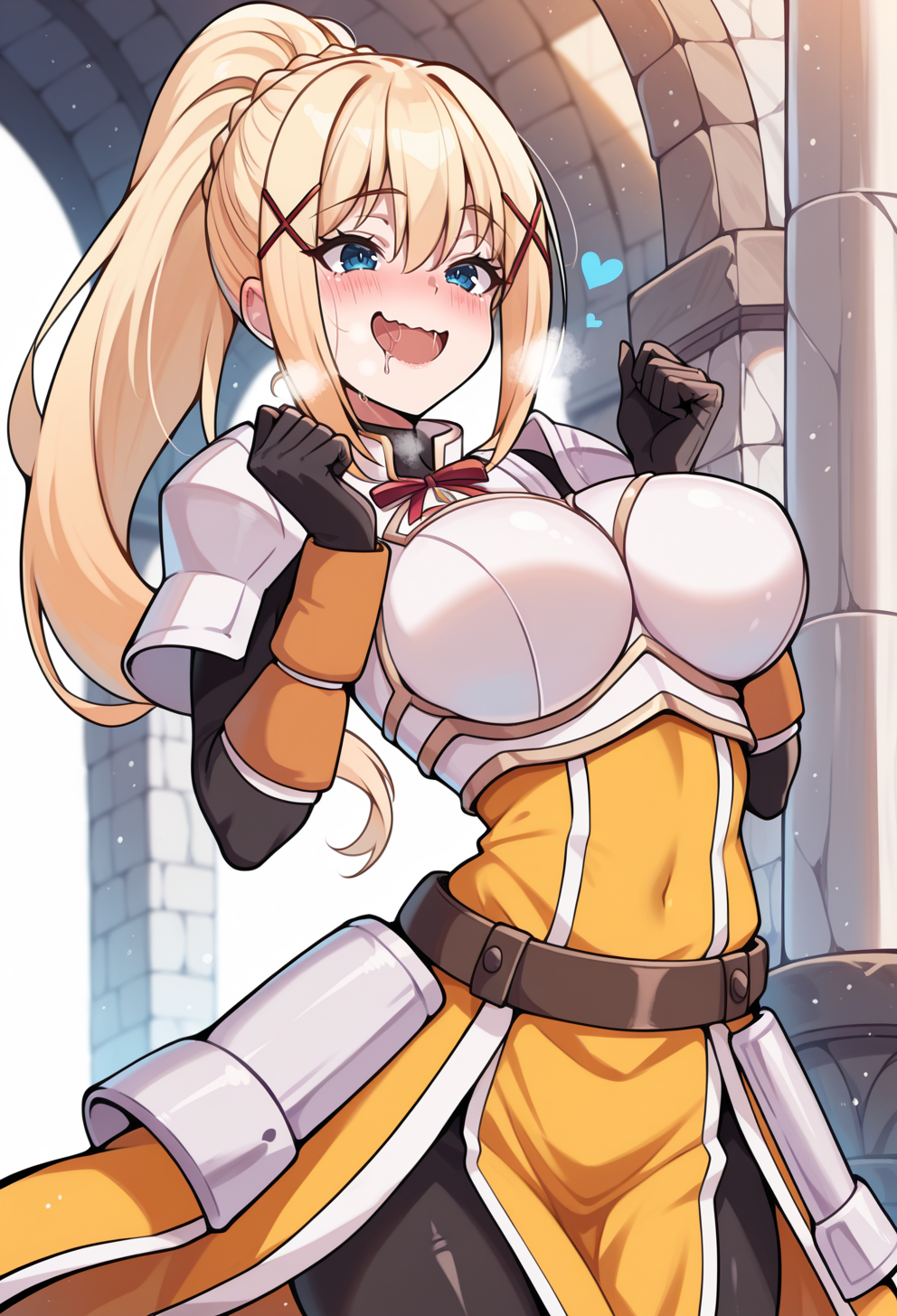 masterpiece, best quality, high quality, anime, <lora:AEDarknessIlx:1>AEDarknessDef, blonde hair, blue eyes, braid, hair between eyes, high ponytail, long hair, sidelocks, x hair ornamet, black bodysuit, armored dress, yellow dress, red ribbon, boobplate, shoulder armor, faulds, black gloves, belt, long skirt, 
cowboy shot, smile, clenched hands, hands up, happy, heavy breathing, open mouth, wavy mouth, blush, saliva,