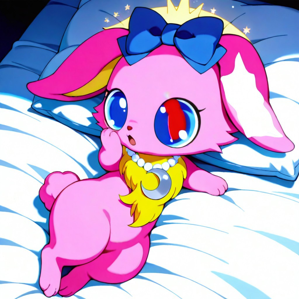 Full Body, 1 girl,luna (jewelpet),luna,jewelpet, furry, no human, pink fur,blue eyes, ((yellow chest tuft)),rabbit,jewelry,centered hair bow,necklace,neck white pearl necklace,neck blue crescent moon-shaped moonstone, on bed, lying, 
masterpiece, best quality, amazing quality