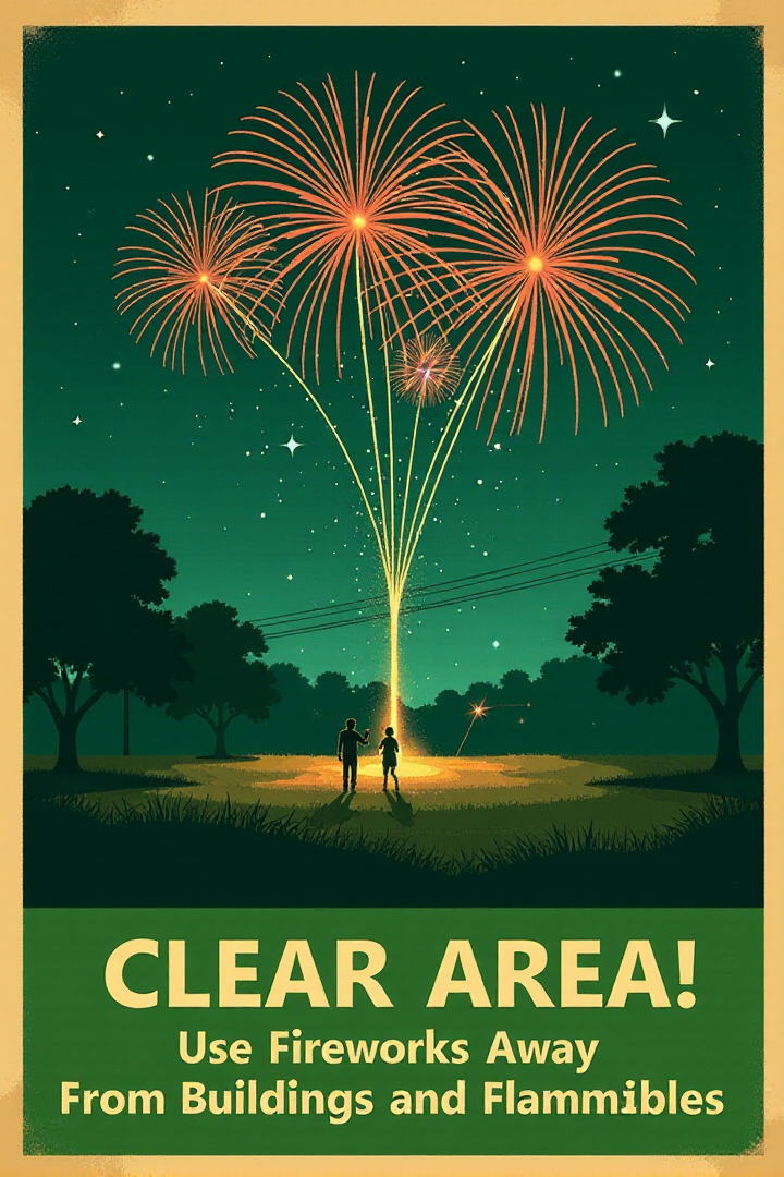 A vintage poster with a clear depiction of a designated open area, free of trees, buildings, and overhead wires. Stylized fireworks are safely exploding in the sky above. A small group of happy, silhouetted figures watches from a distance. Green, reassuring text at the bottom states: "CLEAR THE AREA! Use Fireworks Away From Buildings and Flammables."  <lora:REMEs_War_Poster_Style:0.95> In REME's War Poster Style,âââ