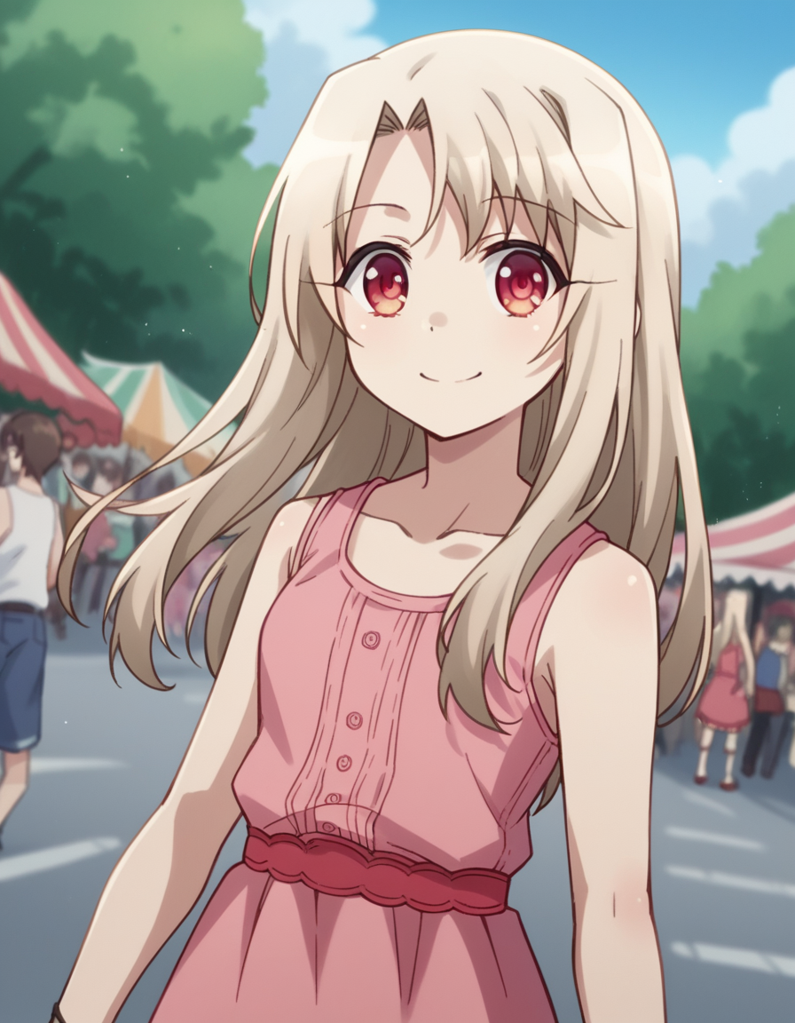 score_9, score_8_up, score_7_up, source_anime, <lora:illyasviel-von-einzbern-prisma-s2s3-ponyxl-lora-nochekaiser:1>,, illyasviel von einzbern, long hair, blonde hair, red eyes, parted bangs,, dress, collarbone, sleeveless, sleeveless dress, pink dress,, street market, vendor, street food, bustling crowd, local flavor, vibrant, smile, looking at viewer, arm in a sling, solo,, cowboy shot, dutch angle