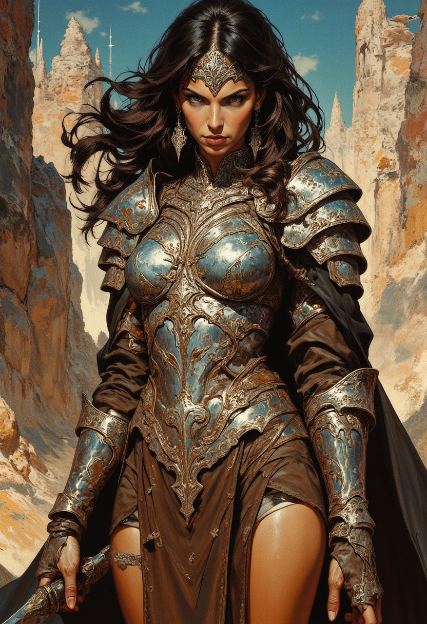 closeup portrait of barbarian amazon woman in leather bikini armour, in an ancient fantasy village, great lighting, dynamic