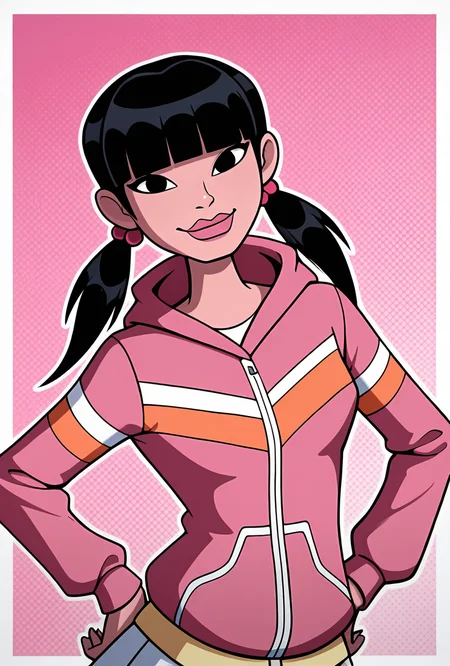 <lora:julieov:1>, julieov, black hair, twintails, 1girl, low twintails, pink hoodie, blunt bangs, hair ornament, jacket, long sleeves, lips, big mouth, white skirts, smile, pose, hands on hips, leaning to side, expressive, , looking at viewer, pink background,, upper body, halftone effect, white borders, abstract background:1.2,