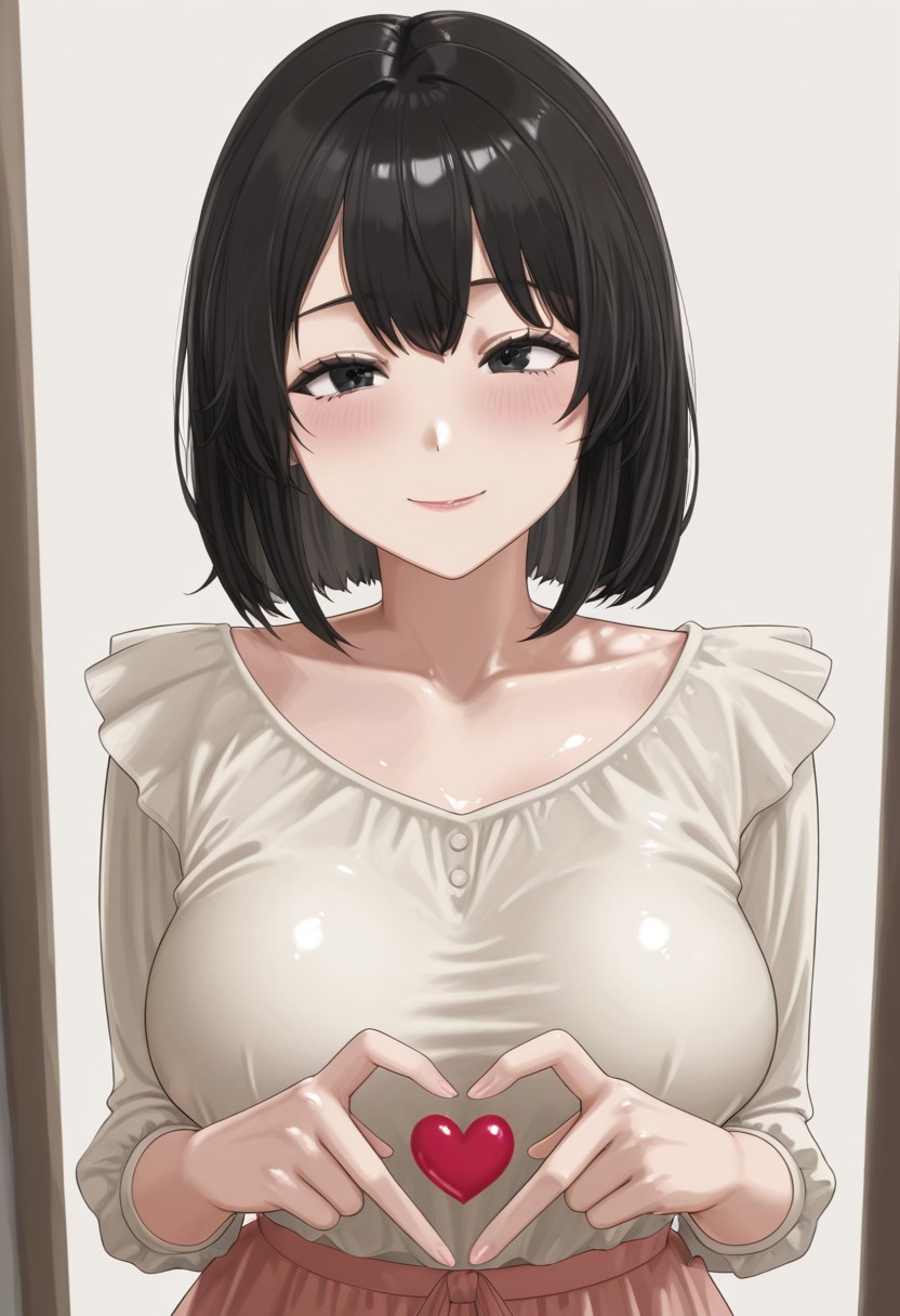 megaone,    1girl, solo, medium build, medium hair, sfw, safe for work,  flowy dress,  black eyes, purple lipgloss, smiling, portrait, upper body, heart hands, mature female, foreshortening, detailed, newest, shiny skin, cowboy angle, solo focus, medium breasts,
