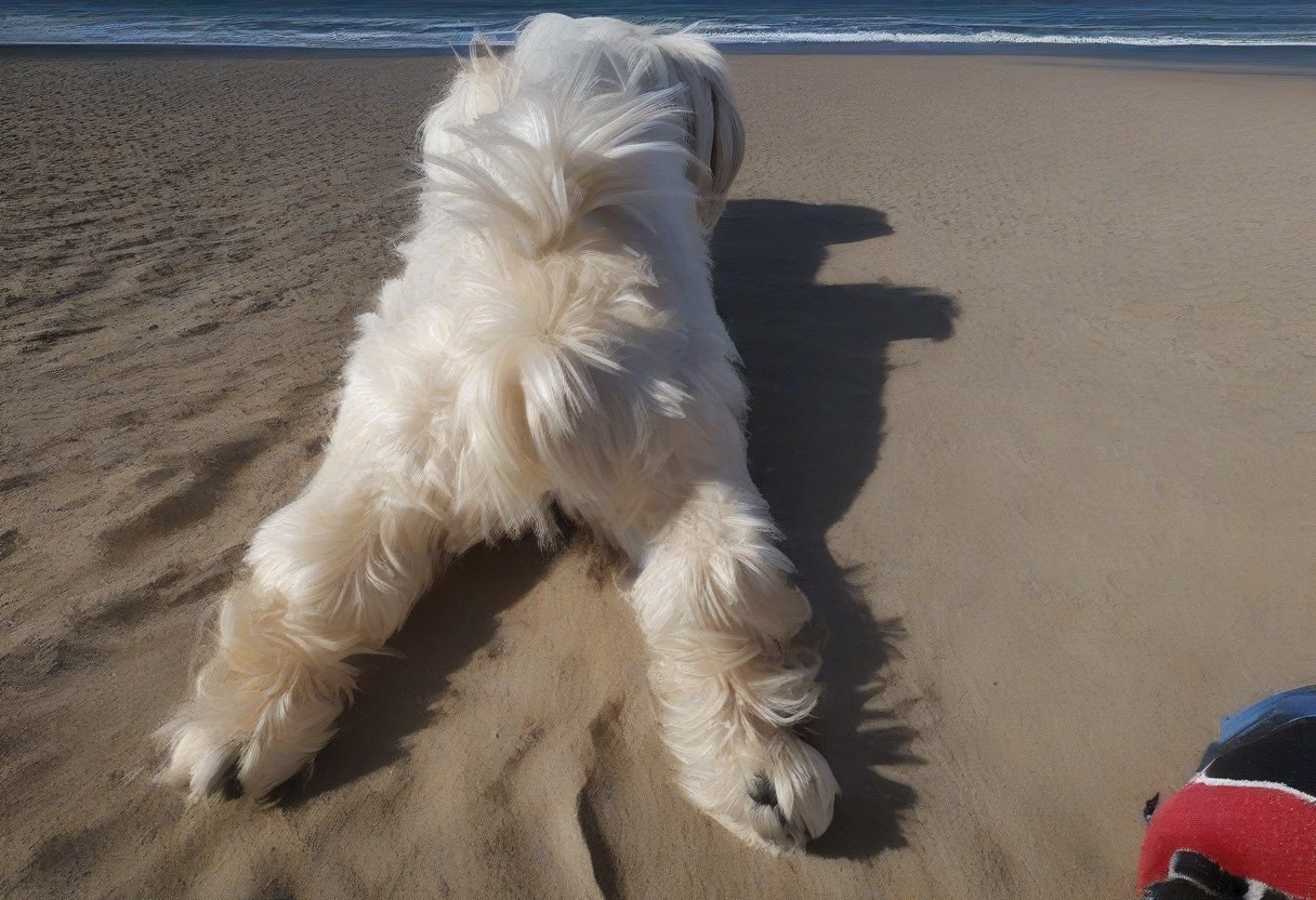 dog, maltipoo, pelly, from behind, pov from behind, stretching hips in the beach, no humans,