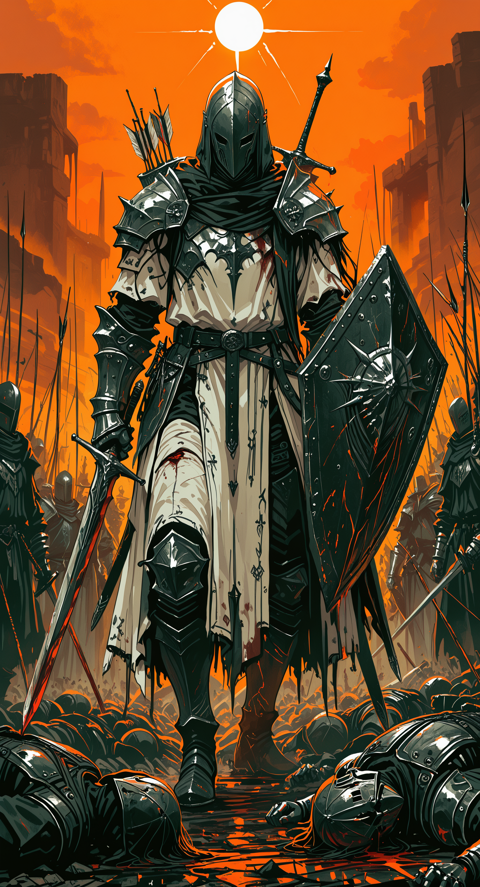 masterpiece, best quality, good quality, very awa, newest, highres, absurdres,  1girl, dress, holding, weapon, boots, multiple boys, sword, white dress, holding weapon, armor, blood, holding sword, helmet, gauntlets, 6+boys, shield, injury, sun, arrow \(projectile\), fantasy, battle, knight, full armor, holding shield, death, orange sky, corpse, impaled, protecting, limited palette, h4ra_illu <lora:illustriousXL_stabilizer_v1.23:0.3> <lora:NOOB_vp1_detailer_by_volnovik_v1:0.3> <lora:ponyv6_noobE11_2_adamW-000017:0.3> <lora:114558v4df2fsdf5:0.6> <lora:XXX667:0.4> <lora:-_iLL_-_the_edgy_mech_V2.0-:0.8>