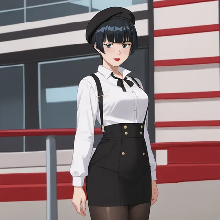 <lora:Yuka_pony_v1:.7> YukaPurpleShirt, 1girl, solo, short hair, black hair, makeup, lipstick, black eyes, blunt bangs,  cowboy shot,  <lora:0902 Home wear 5_v1_pony:1> ruanyi0902,beret,black ribbon,collared shirt,black pantyhose,high-waist skirt,white shirt,suspenders