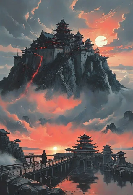 score_9, panorama landscape, architecture, ships, wharf, sea, sunset, dracula japan village, Japan, enchanted fortress and fortified castle, above the clouds, mystical atmosphere, detailed stone and wood walls, europinian man, 50 years old, devil, blood, bloody mist swirls around, weibo, drawing, formal, black hair, devil horns, double halo, hunter eyes, holding finger to lips, shush, intimidating retro 90's, red, black, science fiction, a dark sky lit by the glow of distant moons and neon lights. rockpunk, yoji shinkawa, James Jean, Ayami Kojima, village<lora:EnvyPanoramaXL01:0.5>