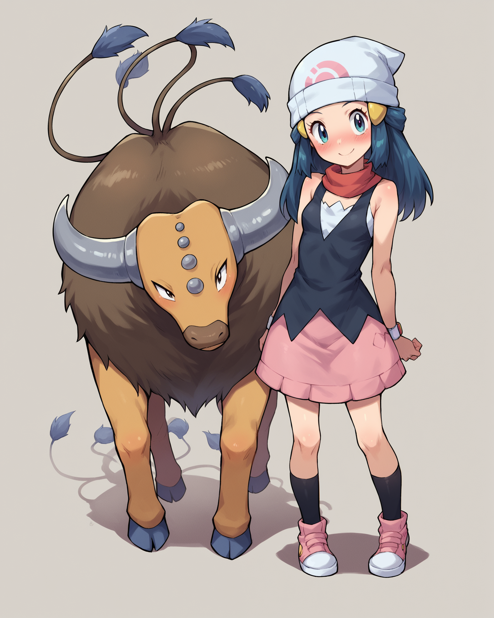 score_9, score_8_up, score_7_up, score_6_up, score_5_up, score_4_up,full body,1 girl and 1 pokemon, standing ,duo,BREAK,
<lora:POKEMON_TAUROS:1> tauros, pokemon (creature), girafarig, mammal, no humans purple body,feral, young face, skinny, turning to face viewer, head tilt, 1 girl, breasts, cute smile, kinky, adorable, petite, skinny, unusual tail, tail head,BREAK,
Dawn from pokemon, young face, skinny, turning to face viewer, head tilt, 1 girl, breasts, cute smile, kinky, adorable, petite, skinny, blush,, commentary, only socks,skirt, blue short top