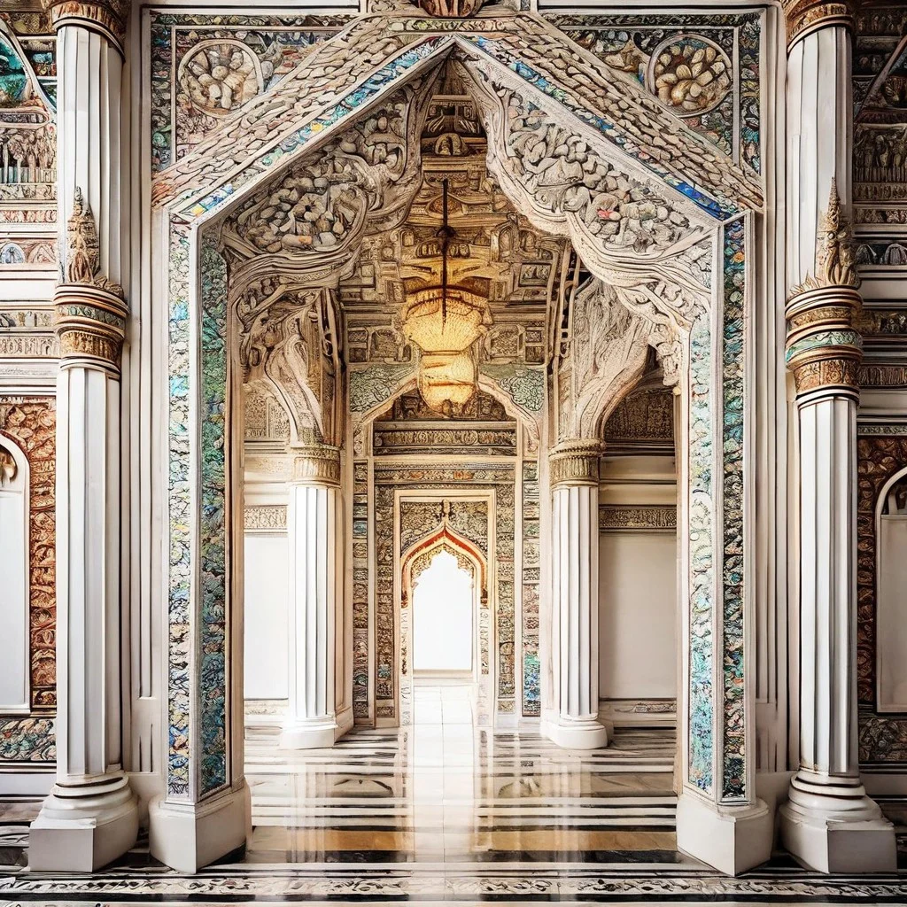 symmetric, aesthetic, white walls , ornate temple entrance ,  iridiscent,