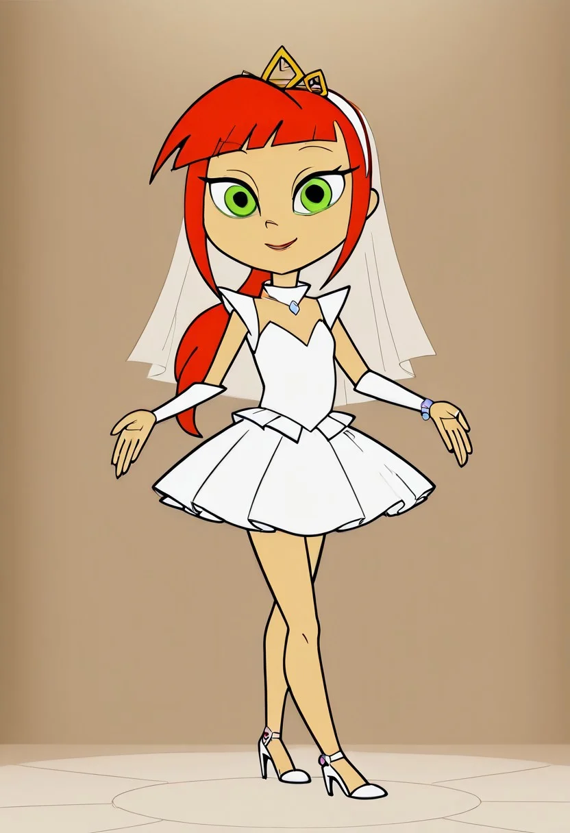 <lora:AtomicbettyIllustrious1.0JLFO:1>Betty, 1girl, green eyes, skirt, long hair, orange hair, standing, hairband, solo, looking at viewer, smile, full body, barefoot, perfect Small flat chest natural breasts;
Wedding dress, Wedding veil, Golden tiara, white high heels sandals,