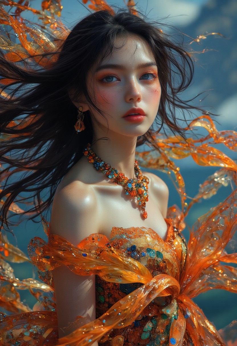 a composition art, Ombre, [hyper-realistic:minimal:0.5], [Tribal designs patterns:Abstract expressionism patterns:0.5],  [cel shading:photorealistic:0.6], The artwork emphasizes clean lines, smooth curves, and sleek contours, with bold outlines, crisp shapes, and sharp edges. It is designed in a fashion editorial style, merging high fashion with a trendy, stylish, and professional look, elegant pose,
(three quarter view:1), (from above:0.4), (dutch angle:0.4),upper body, breast focus,
wind, floating hair, looking at viewer, <lora:midjourney_whisper_chromaplex_v1:0.6>,<lora:Midjourney_Whisper_Minimal:0.6>,  Midjourney_Whisper, <lora:midjourney_whisper_flux_lora_v01:1>,