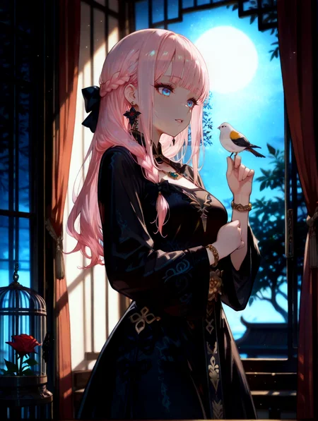 perfect quality,high quality,masterpiece,best quality,amazing quality,very aesthetic,absurdres,Cinematic Lighting,newest,Tactical use of shadow,
1girl,solo,long hair,pink hair,bangs,blunt bangs,bow,hair bow,black bow,blue eyes,FujiwaraChikaCYQL,,
cage,birdcage,flower,window,jewelry,bracelet,longsleeves,dress,widesleeves,handup,plant,lookingatviewer,bird,partedlips,indoors,backlighting,fromside,leaningforward,necklace,earrings,bluntbangs,chineseclothes,blurry,rose,blackdress,blackflower,scenery,beads,sunlight,night,holding,upperbody,leaf,curtains,breasts,lightparticles,depthoffield,standing,bluedress,cowboyshot,tree,moon,floralprint,closedmouth,skirt,lookingtotheside,braid,whiteflower,dutchangle,sky,
<lora:USNR STYLE_XL_loha:0.45>,usnr,<lora:MGE_V5.3:0.6>,<lora:GBF_Illustrious:0.4>,gbf_style,<lora:748cmSDXL:0.8>,748cmstyle,<lora:ponyv5_noobV065S_1_adamW:0.7>,<lora:lora.by_tusi:1>,