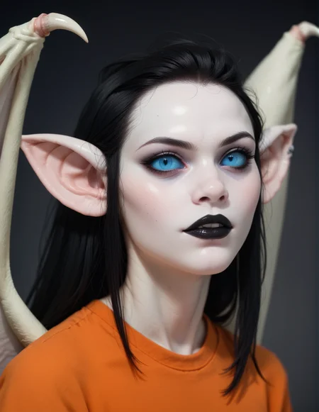 portrait, solo, female, pale skin, wings, pointy ears, black hair, orange shirt,blue eyes, colored sclera, vampire, black lipstick, goth <lora:Nosferata:0.7> nosferata, score_9, score_8_up, score_7_up, score_6_up, 2d, digital art, masterpiece <lora:Expressive_H:0.4> expressiveh <lora:princess_xl_v2:0.3> <lora:g0th1c2XLP:0.3> g0th1c