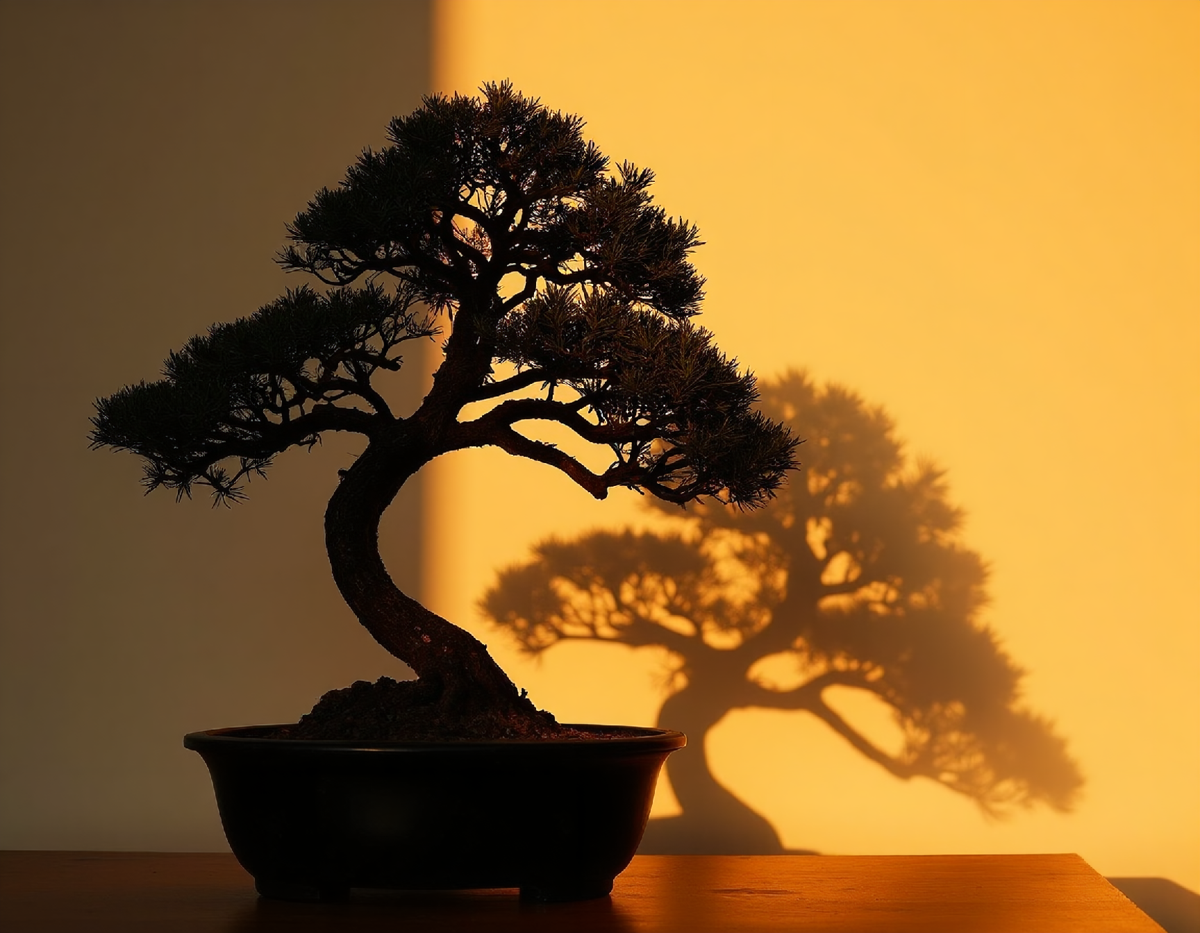 photo of a silhouette shadowed bonsai tree. warm colors. shdwCE_style