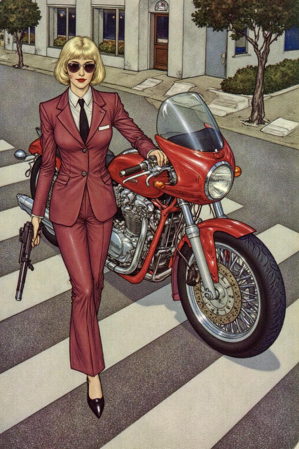 dulac1 illustration. 
Overhead shot of an Blonde woman walking away from a futuristic motorcycle parked at a zebra crossing. The woman has bob hair, is smoking. She wear a red business suit, white shirt, black tie, and sunglasses. She holds a gun with a confident grip. The motorcycle itself is red, sleek and metallic, with intricate designs and a futuristic vibe  
 <lora:dulac2_cap_d6a3e15:1.0><lora:816537123646640019:0>
