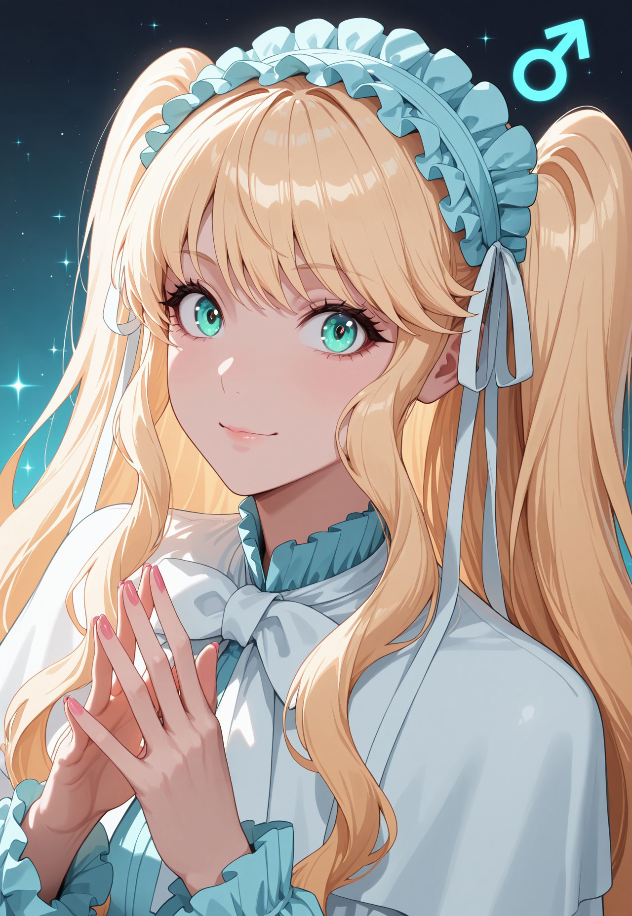 masterpiece, best quality, amazing quality, very aesthetic, absurdres, dynamic angle, ultra-detailed, highly detailed, cinematic lighting, realistic shading, BREAK
slight smile, sparkling aura, looking at viewer, steepled fingers, BREAK
NBHitoshi, 1boy, blonde hair, very long hair, wavy hair, two side up, long sidelocks, aqua eyes, pink nails,
blue headdress, blue frilled collar, white capelet, blue frilled dress, portrait, mars symbol background