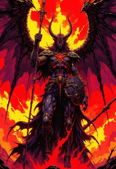 cinematic film still award winning photo .Lucifer rising from the depths of hell, reds yellows and purples.shallow depth of field, vignette, highly detailed, high budget, bokeh, cinemascope, moody, epic, gorgeous, film grain, grainy,anime, cyberpunk, Comic book style,CAICO