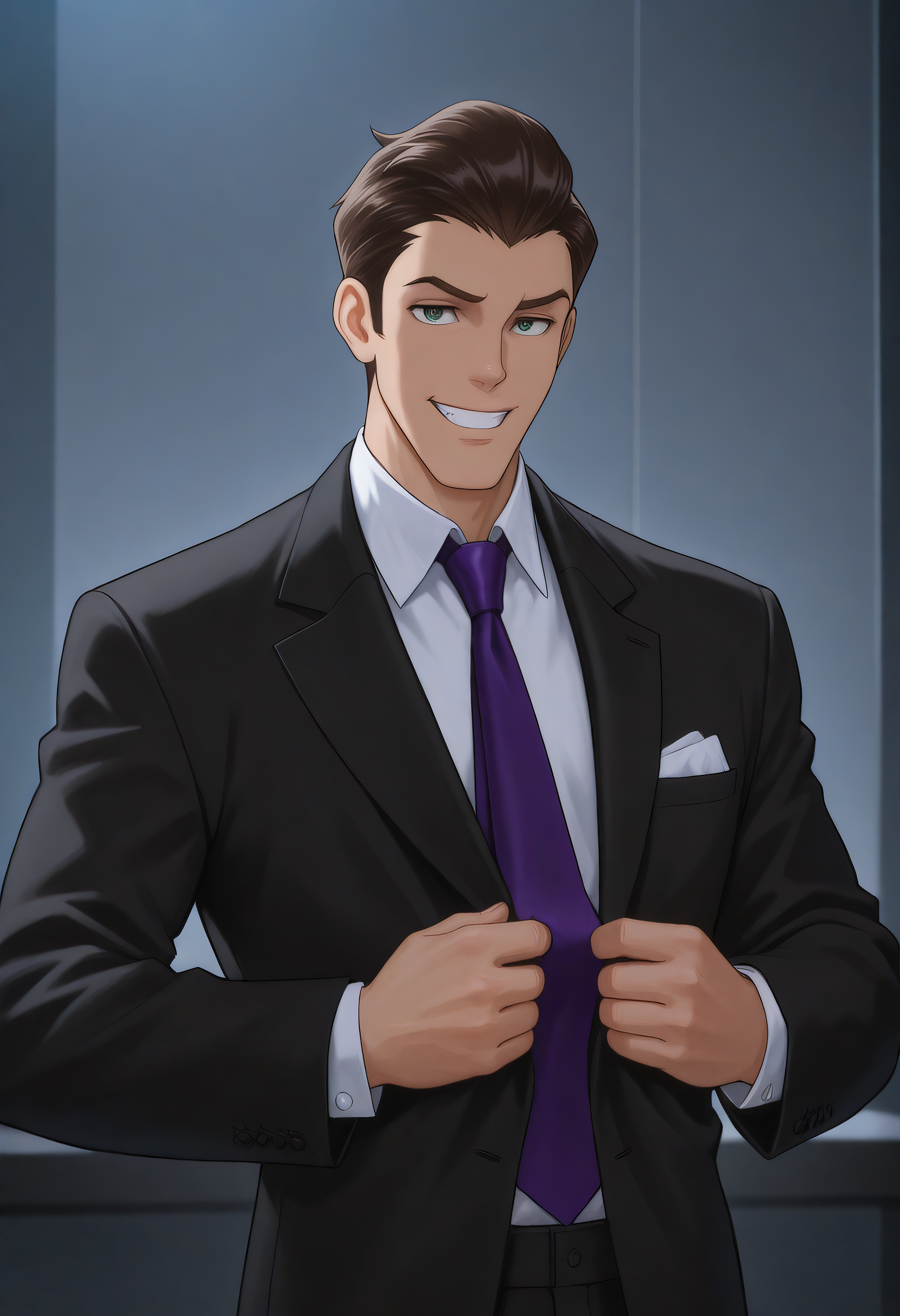 embedding:Illustrious\Positive\IllustriousQual, embedding:Illustrious\Positive\IllusP0s, 1boy, tad_ts!, green eyes, brown hair, slicked back hair, formal, black suit, purple tie, grin, elegant style, adjust tie, adjust clothes, look at viewer, best quality, high resolution, masterpiece.