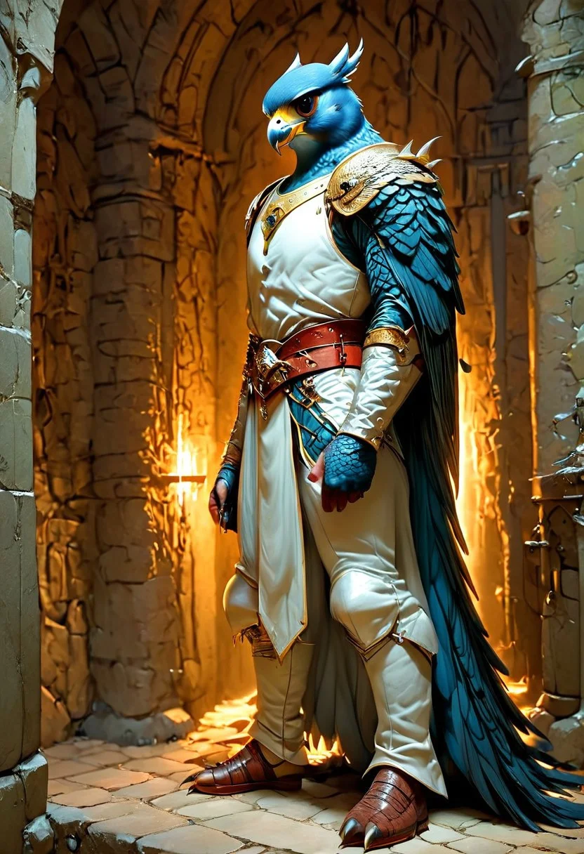 a Humanoid Peregrine Falcon hybrid with ((the big head of a Peregrine Falcon)), (wearing a super realistic smooth steel and leather medieval armor), ((very tall slender fit tight body)), Inside a large, wide dungeon