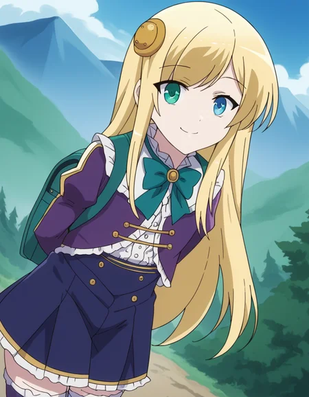score_9, score_8_up, score_7_up, source_anime, <lora:yumina-belfast-urnea-s2-ponyxl-lora-nochekaiser:1>, yumina belfast urnea, long hair, blue eyes, blonde hair, hair ornament, green eyes,, skirt, thighhighs, purple sleeves, frills, white skirt, skirt, blue skirt, frilled skirt, bowtie, green bowtie, frilled center, mountain trail, hiking, nature, backpack, adventure, fresh air, smile, hands behind back, bent over,, looking at viewer, solo,, dutch angle, cowboy shot