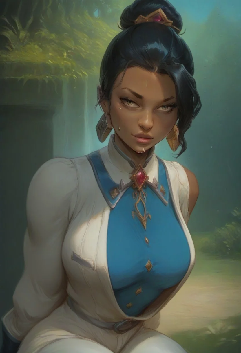 (score_9, score_8_up, score_7_up), score_6_up, best quality, masterpiece, extreme detail, perfect lighting, 4k, 2d, rating_explicit, nsfw, very detailed, best quality, highly detailed texture, depth of field, masterpiece, BREAK, 1girl, ChelXLP, chel, majestic,beautiful bright pupils, black hair, ((ponytail)),green earrings, cute face, (gorgeous face:1.3), (skin detail:1.3), (shadows:1.3), (sweat, steamy, oily, shiny:1.3), ((( long hair, large breasts,perfect body, thick thighs,
single hair bun,crisscross leather halter top,blue shirt,
white coat, clothing cutout, shoulder cutout, long sleeves, black gloves, white pants, grey footwear, thigh boots,
 fantasy, solo focus,epic, concept art, realistic, highly detailed, upper body, looking at viewer ))),dark skin, looking at the viewer, detailed, intricate details, realistic,((( top view))), tan skin,cowboy shot,csr style,g4n1m3,Sculpted grace