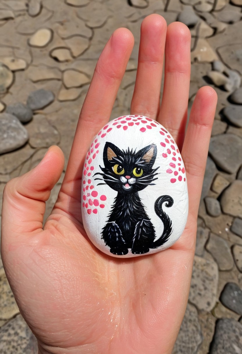 Happy stones. one painted pebble, painted to resemble a kitten. A hand is holding the stones