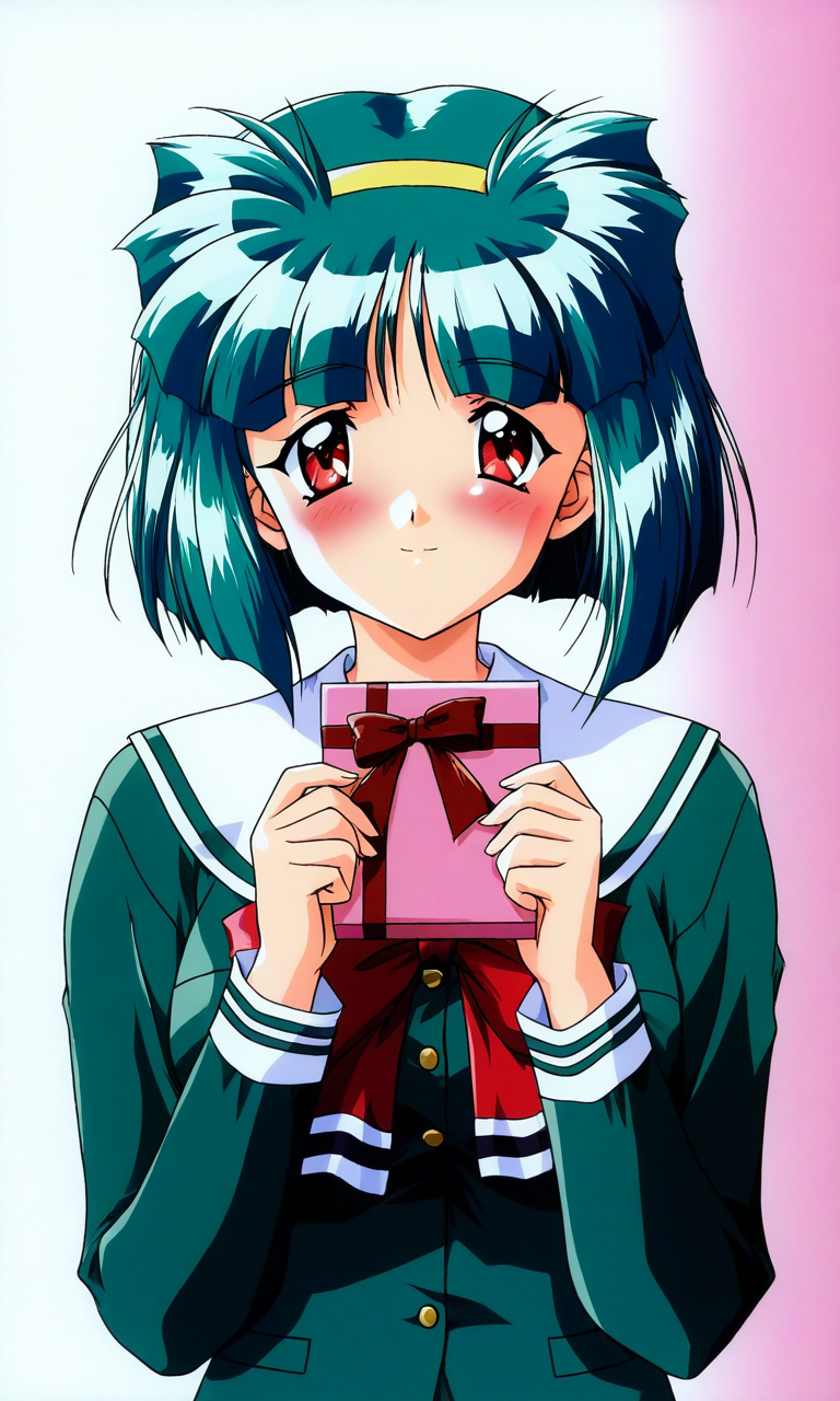 general,highres, ultra-detailed,very aesthetic,best quality ,best hands, BREAK <lora:Sakura_Kaedeko_Tokimeki_Memorial2_IS:1>
Sakura_Kaedeko(Tokimeki_Memorial2), 1girl, solo, short hair, green hair, yellow hairband, red eyes, bangs, breasts, 
smile, upper body, gift, holding, long sleeves, school uniform, simple background, holding gift, green shirt, blush, looking at viewer, ribbon, plaid, bow, valentine, white background, buttons, box, blunt bangs, shirt, light smile, serafuku