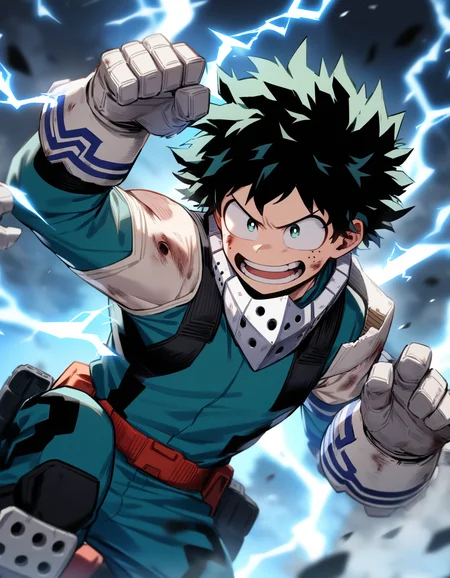 1boy, male focus, midoriya izuku, boku no hero academia, injury, electricity,, masterpiece, best quality, very aesthetic, absurdres