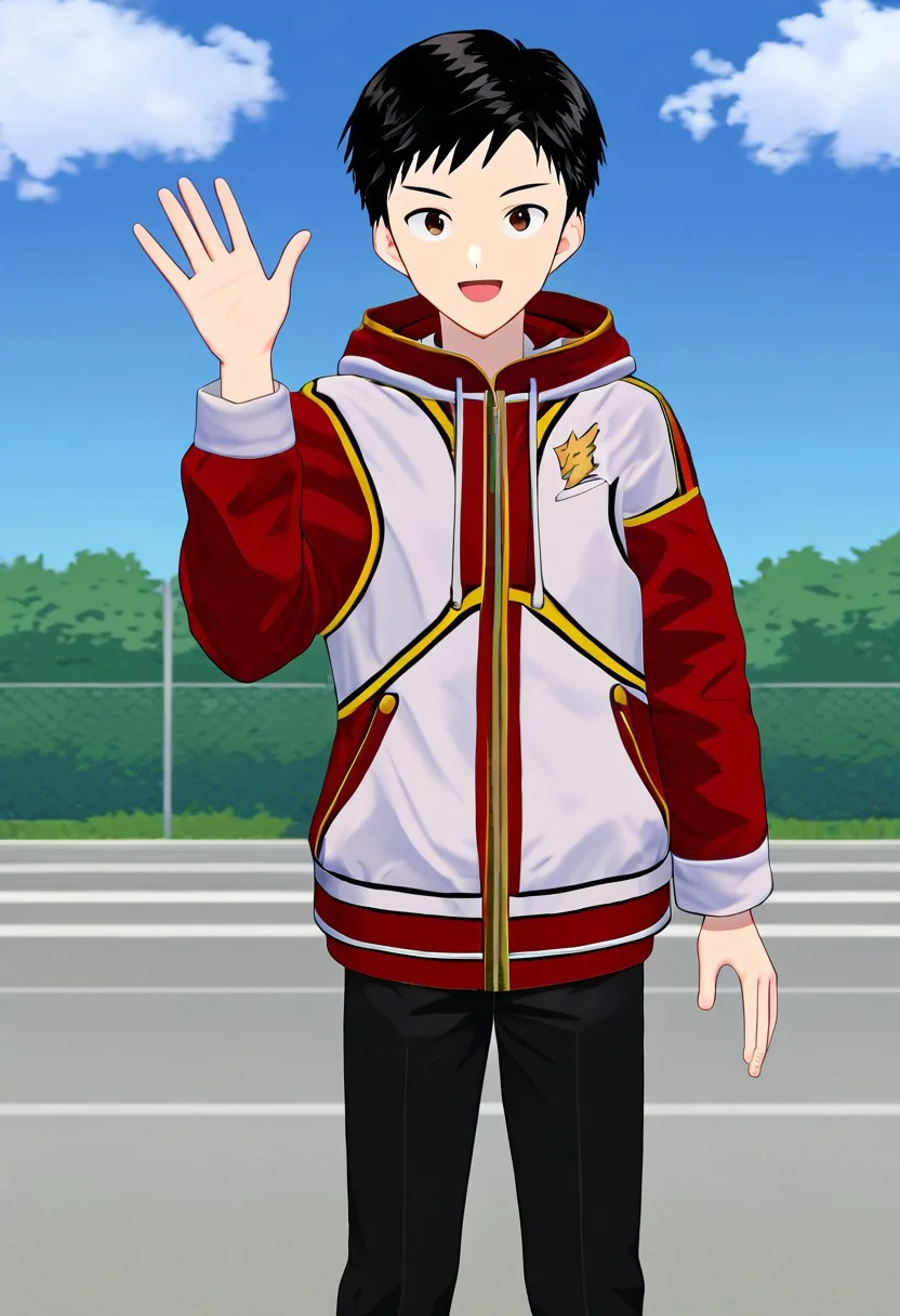 harmard, black hair, short hair, brown eyes, 1boy, solo, solo focus,red_white_jacket, black pants, outdoor setting, right hand waving gesture, handfixer