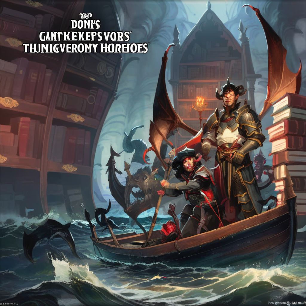 english text, hat, armor, bookshelf, demon, boat, male focus, library