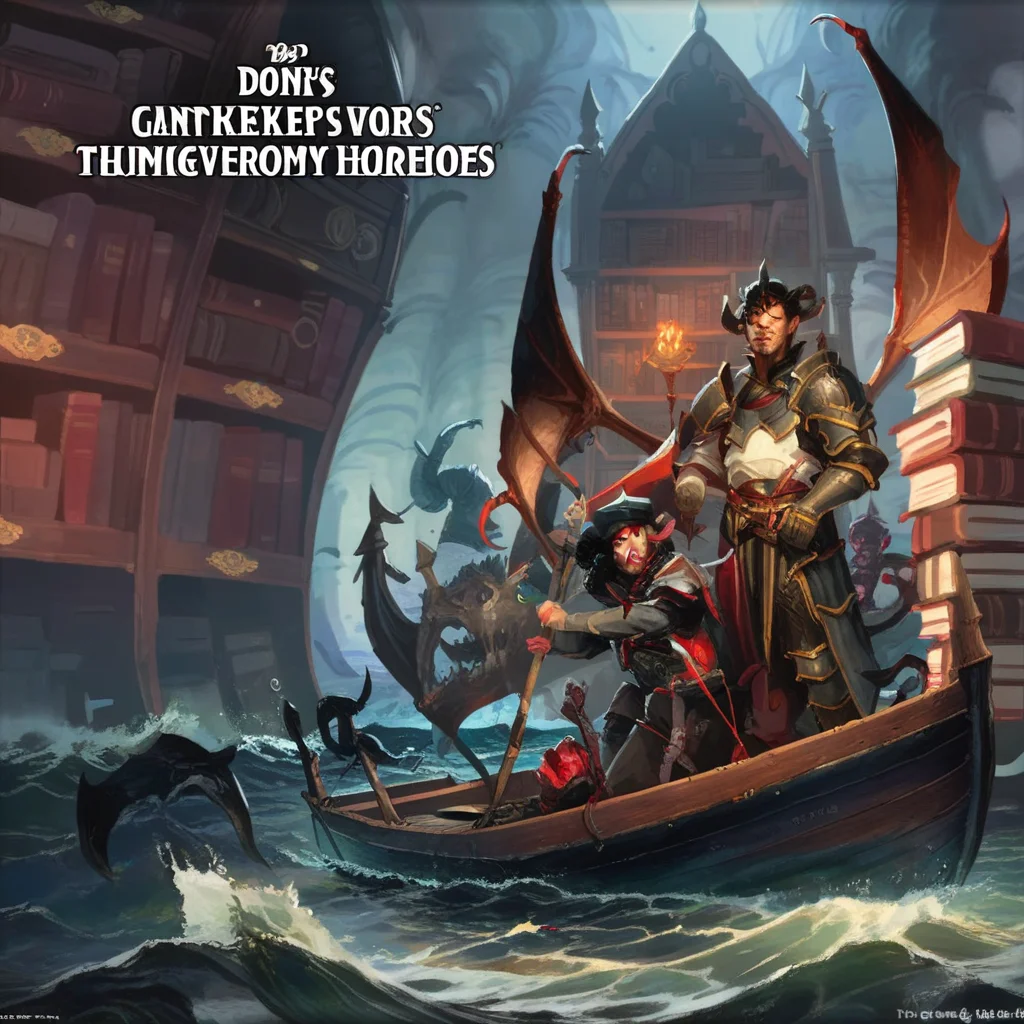 english text, hat, armor, bookshelf, demon, boat, male focus, library
