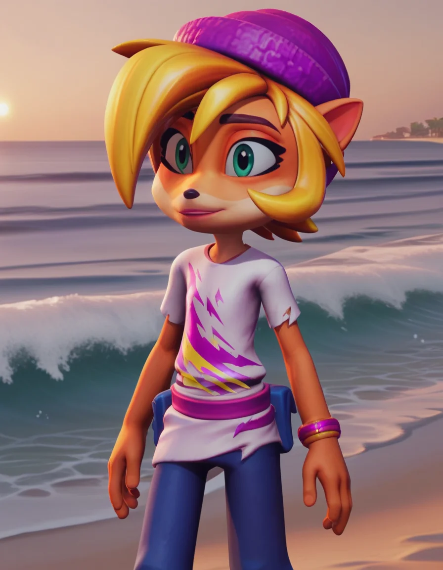 score_9, score_8_up, score_7_up, source_anime, <lora:coco-bandicoot-totally-tubular-ingame4-ponyxl-lora-nochekaiser:1>, coco bandicoot, short hair, blonde hair, green eyes, pointy ears, furry, 3d, shirt, hat, torn clothes, striped shirt, pants, beach, sunset, walking along shore, footprints in sand, waves, peaceful, , looking at viewer, hands behind back, bent over,, solo,, cowboy shot, dutch angle,
