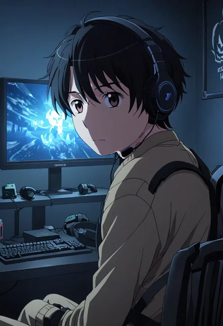 high resolution, solo, best quality, 1Boy, Inaho Kaizuka, Black Hair, Brown Eyes, gamer, bedroom, night, pc, sit, headset, potrait, OverallDetail
