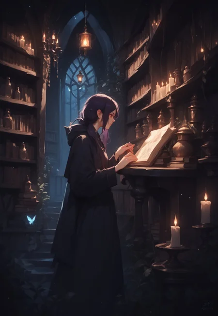high elf, hermit witch, jill stingray, (twintails:1.2), dark purple hair, red eyes. fantasy sorceress clothes, from side, taking out a book from a bookcase, library, 0ddmag1c, oddity, ((clean lines, source: anime, detailed fingers, high quality, best quality, masterpiece, rating: g score: 9, score: 8 up)), in well lit cave, tree roots, small fairy lanterns, witch tools, great lighting, floating shining stars, shining golden particles, perfect hands, great lighting, d4rkv1b3,