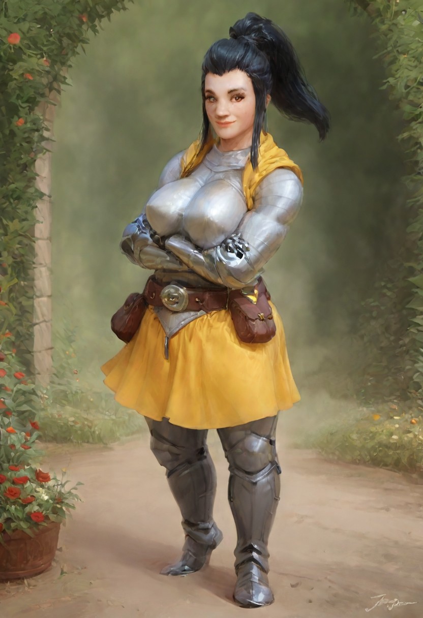 score_9, score_8_up, score_7_up, score_6_up, score_5_up, score_4_up, rating_explicit, pathfinder portrait, single character, solo, 1girl, BrigOW, black hair, sidelocks, ponytail, brown eyes, perfecteyes, muscular, Large Breasts, plate armor, steel breastplate, metal boots, metal pants,. yellow skirt, belt, metal greaves, yellow cape, <lora:detailed_hands:1.3>, hand. better hands, detailed hands, smiling, cute smile, poser_char_sheet, full body, show entire body, detailed background, outdoors, garden, roses, looking at viewer, concept art, oil painting, digital art, realistic