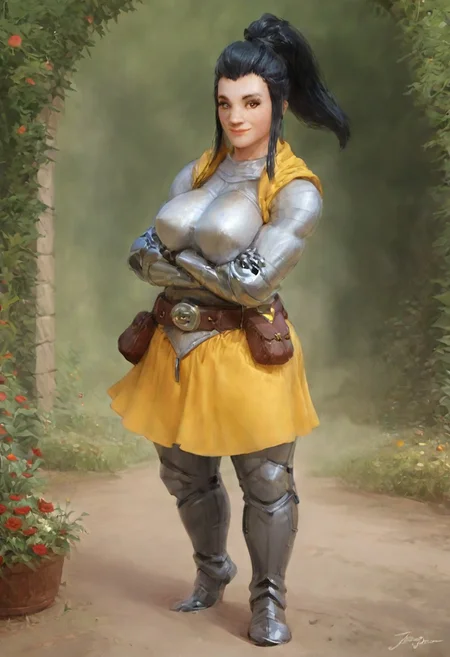 score_9, score_8_up, score_7_up, score_6_up, score_5_up, score_4_up, rating_explicit, pathfinder portrait, single character, solo, 1girl, BrigOW, black hair, sidelocks, ponytail, brown eyes, perfecteyes, muscular, Large Breasts, plate armor, steel breastplate, metal boots, metal pants,. yellow skirt, belt, metal greaves, yellow cape, <lora:detailed_hands:1.3>, hand. better hands, detailed hands, smiling, cute smile, poser_char_sheet, full body, show entire body, detailed background, outdoors, garden, roses, looking at viewer, concept art, oil painting, digital art, realistic