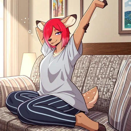 masterpiece, best quality, newest, absurdres, highres, furry, perfect anatomy, A11lie,1girl,solo,furry,furry female,deer ears,short hair,red hair,pink hair,hair over one eye,purple eyes,snout,animal nose,body fur,brown fur,deer tail,hooves, oversized shirt, pajama pants, striped pants, couch, living room, relaxing, sleepy, stretching, looking at viewer, happy, smiling, blush, half-closed eyes,
