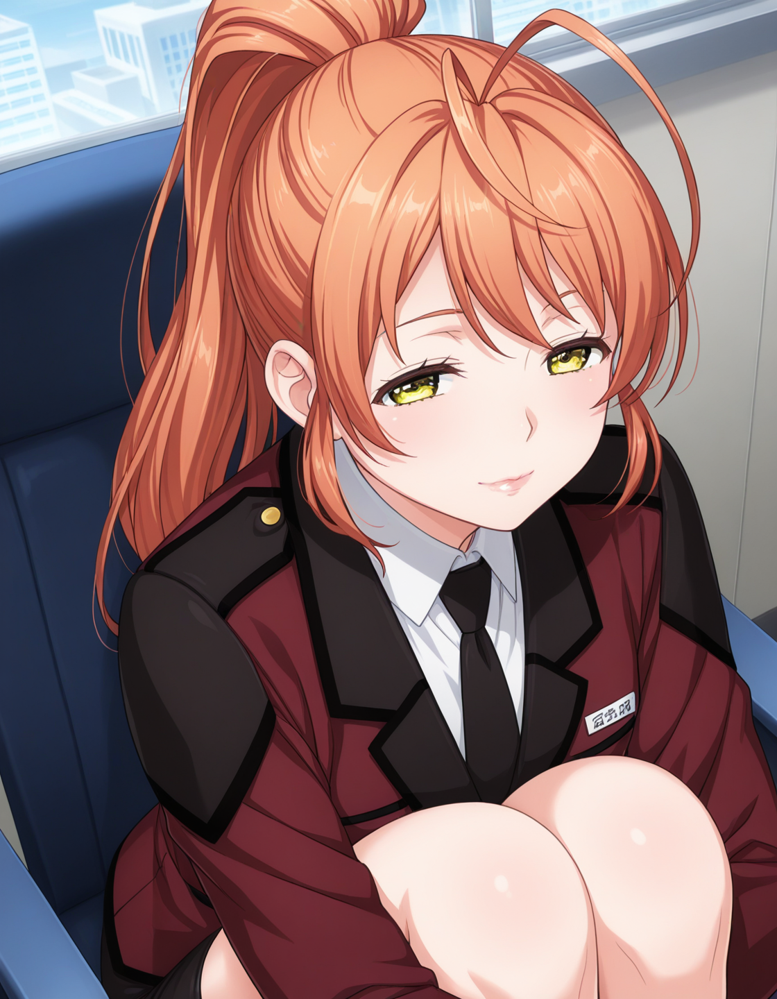 1girl, solo, yamabuki rin, orange hair, ponytail, antenna hair, yellow eyes, lips, light smile, narrowed eyes, military uniform, red clothes, white collared shirt, black necktie, name tag, pencil skirt, sitting on chair, knees together, hugging own legs, indoors, office, window, (anime coloring:0.4) <lora:yamabuki_rin_ilxl_v1:0.7>
