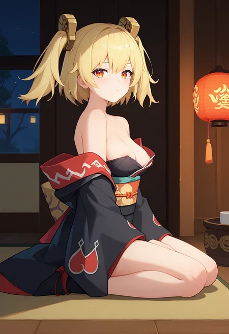 score_9, score_8_up, score_7_up, anime screencap, source_anime, 1girl, solo,
<lora:Burnice_ZZZ_V2:.85>, KJOburnice, blonde hair, orange eyes, twintails, two side up,
black kimono, obi, off shoulder, nipple slip,
From side, wariza, kneeling, hand between legs, looking at viewer,
Night, east asian architecture, wooden floor, indoors,
(Beautiful, medium Breasts:1.2),