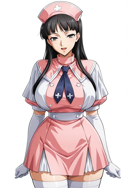 score_9,score_8_up,score_7_up,source_anime,5_figner,2d_animation,game cg,BREKE,1girl,solo,
p4amagi, Amagi Yukiko, long hair, black hair, bangs,
nurse,pink dress,zettai ryouiki,white thighhighs,
elbow gloves,frills,puffy sleeves,blue necktie,nurse cap,
white capelet,pink capelet,
smile,cowboyshot,openmouth,
huge breasts,thick hips,thick thighs,thick waist,disproportionate breasts,
curves,glamour,
simple background,white background,
masterpiece,best qualit,ultra-detailed,illustration,an extremely delicate and beautiful,beautiful detailed eyes,unity 8k wallpaper,high resolution,anime CG,official_art,Erotic_style, uncensored, anime_coloring, anime_screencap,