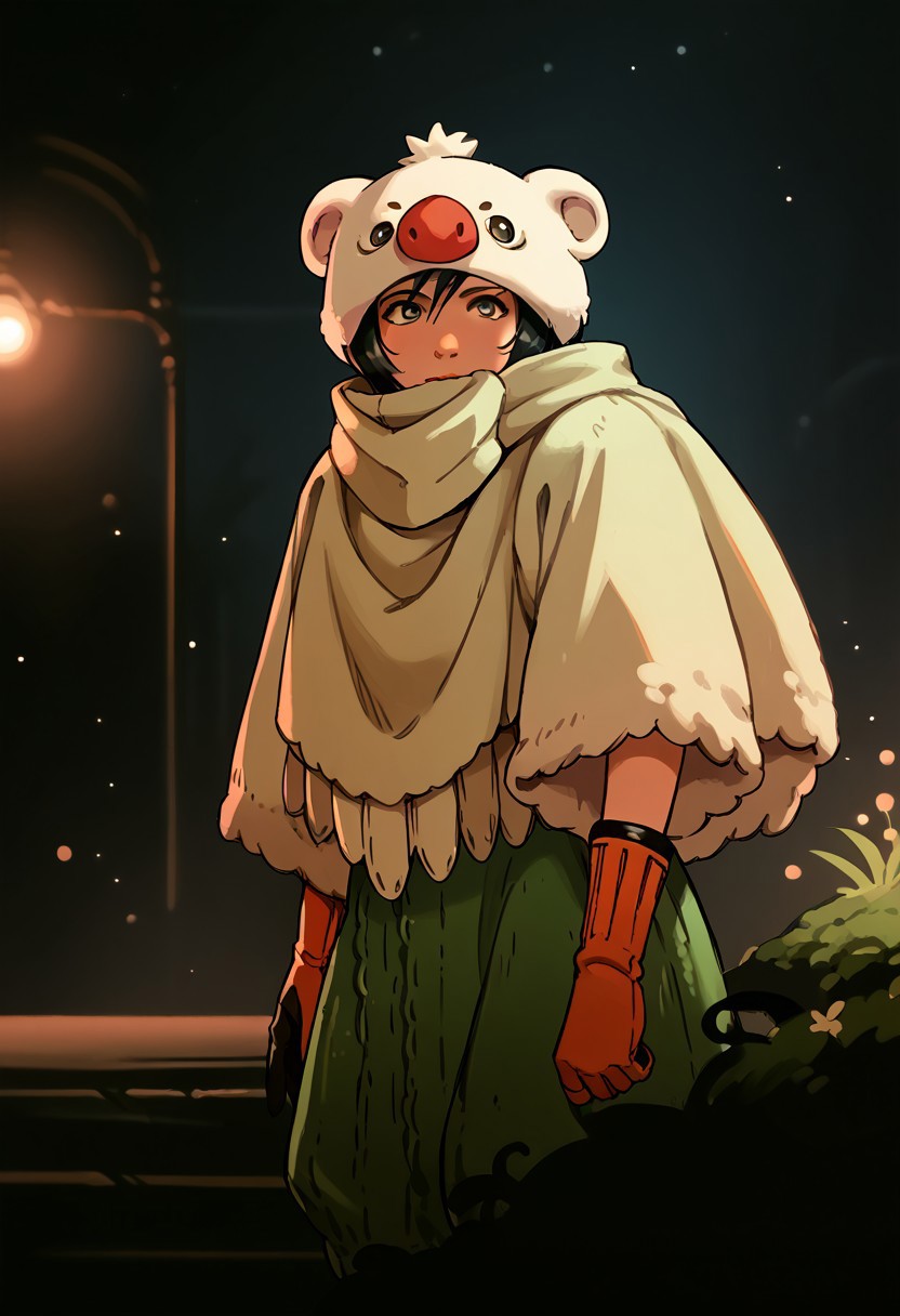 ,bpb_hollow ,score_9, score_8_up, score_7_up, score_6_up, ,1girl, solo , yuffie,outdoors,, cowboy shot, moogle outfit,content