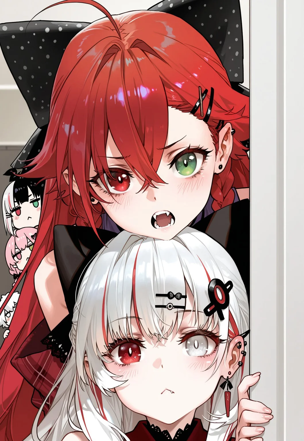 kedama milk,starshadowmagic,rella,dino \(dinoartforame\),modare,as109,rei \(sanbonzakura\),dishwasher1910,
2girls, multiple girls, ishigami nozomi, shishido akari, nijisanji, :<, ahoge, barbell piercing, black bow, blush, bow, braid, crossed bangs, ear piercing, earrings, fangs, green eyes, hair between eyes, hair bow, hair ornament, hairclip, heterochromia, industrial piercing, jewelry, long hair, multicolored hair, open mouth, orange hair, peeking out, piercing, red eyes, red hair, streaked hair, stud earrings, twin braids, two-tone hair, virtual youtuber, white eyes, white hair, teeth, looking at viewer, .
,masterpiece,best quality,amazing quality,
