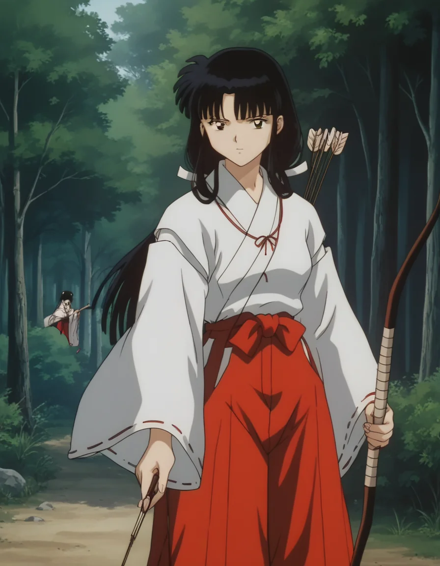 score_9, score_8_up, score_7_up, source_anime,
inuyashakikyou, <lora:inuyasha-kikyou-ponyxl-lora-nochekaiser:1>,
kikyou, long hair, black hair, brown eyes, sidelocks, himecut, retro artstyle,
skirt, long sleeves, japanese clothes, hakama, hakama skirt, miko, red hakama,
outdoors, forest, nature, holding, weapon, holding weapon, bow \(weapon\), arrow \(projectile\), holding bow \(weapon\), aiming, holding arrow, drawing bow, archery,
looking at viewer,