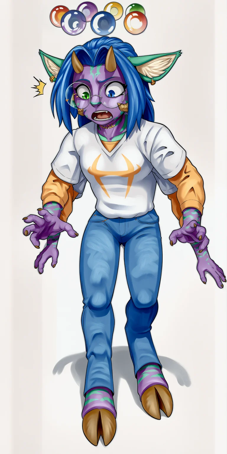 [score_9, score_8_up, score_7_up], simple background, 1girl, long hair, hybrid of dabbler and sydneyscoville, extra arms, four arms, purple skin, tattoo, heterochromia, animal ears, horns, blue hair, green eye, blue eye, daigaijin, traditional media, <lora:Dabbler_-_Grrl_Power_r1:.7>, hooves white shirt, yellow undershirt, big detailed irises, multicolored orbs over head <lora:SydneyPony:1>, surprised at transformation, looking down, mouth open, hair bangs, big round glasses, wide stance, arms out, blue jeans, legs slightly apart