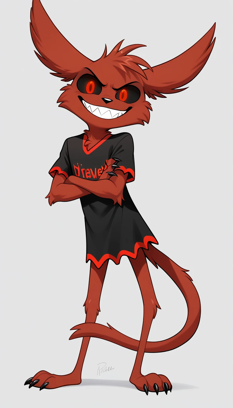 damian, red fur, black sclera, red eyes, furry, furry male, solo, tail, grin, smile, teeth, sharp teeth, red eyes, full body, claws, long black shirt, score_9, score_8, incredible quality