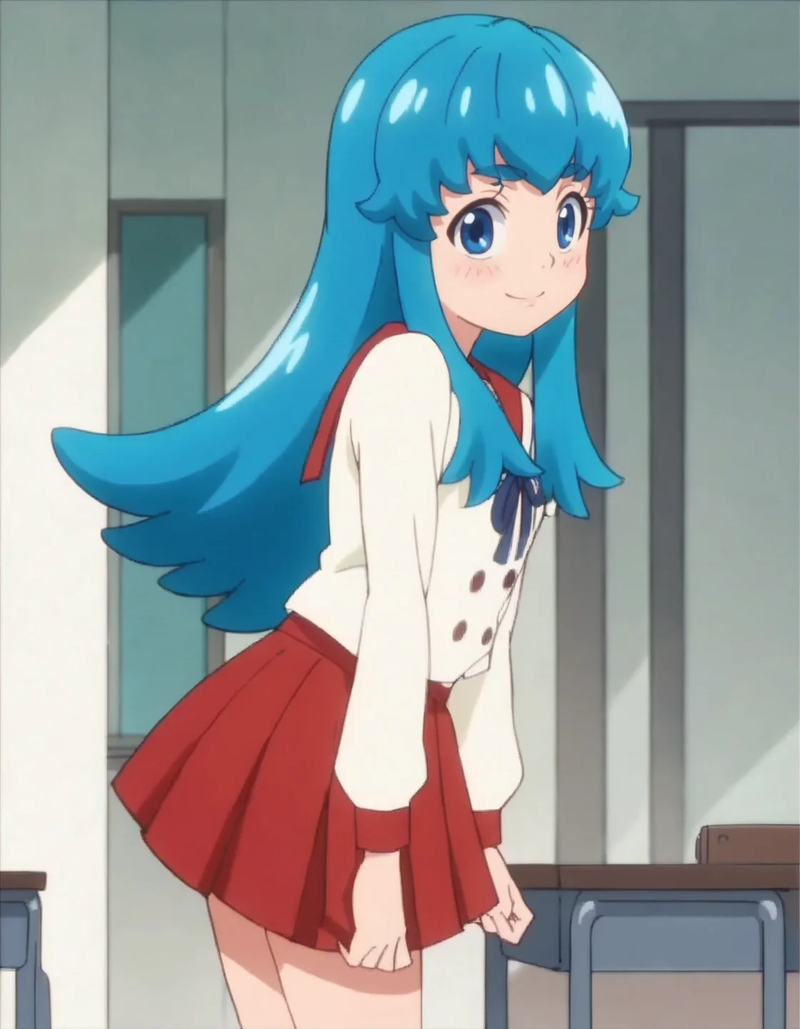 score_9, score_8_up, score_7_up, anime screencap, solo,1girl,shirayukihime,blue hair, red sailor collar, red skirt, school uniform, smile, looking at viewer,kneehighs,serafuku,cowboy shot,small breasts,blush,from behind<lora:shirayukihime:0.8>