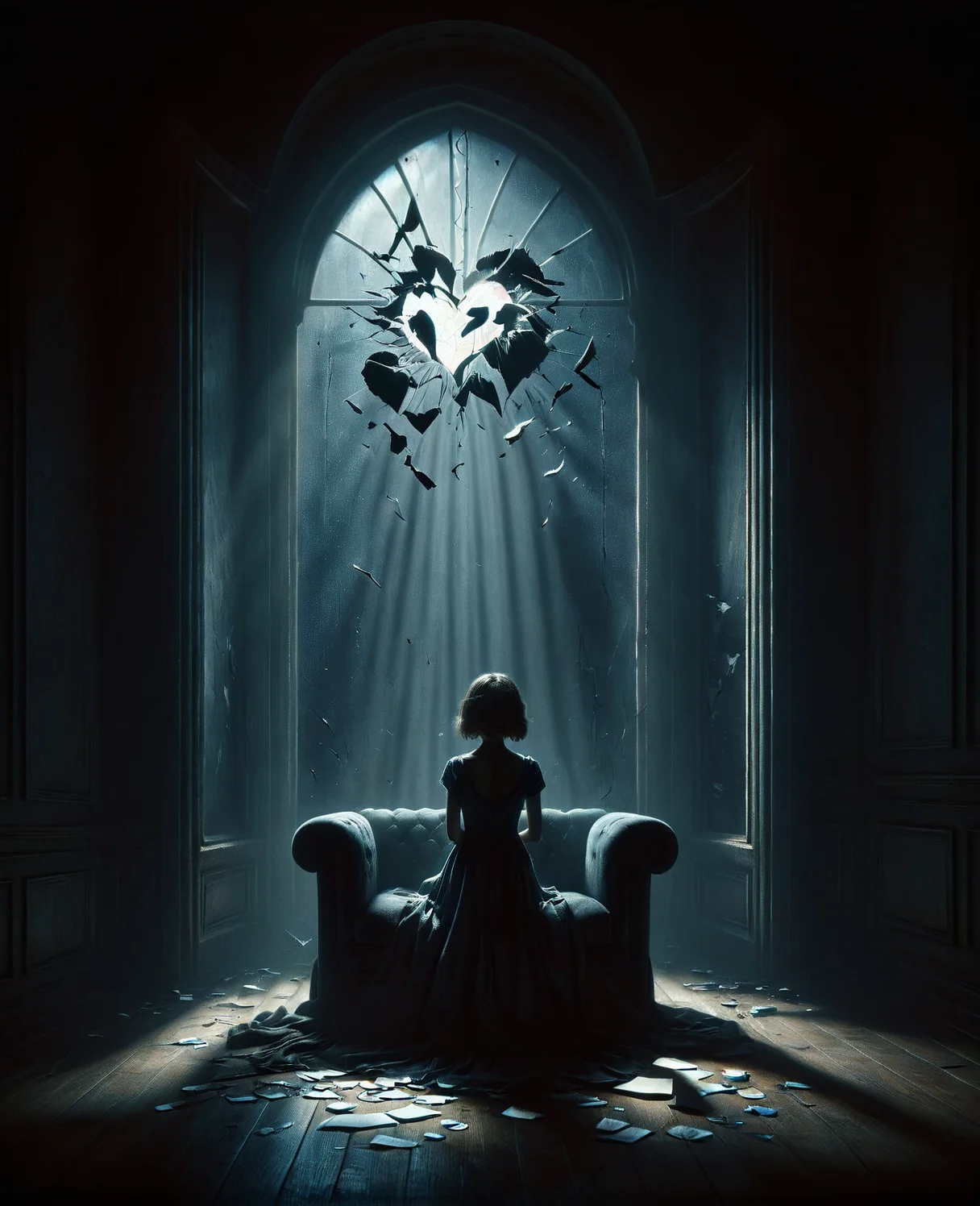 ais-hrtbrkz, low-key, BREAK A solitary girl sits in an extravagant, oversized chair, in front of a grand, opulent window that stretches from floor to ceiling. She is engrossed in reading a letter and appears forlorn, with downcast eyes. Her face is detailed, beautiful, and symmetrical., BREAK A lone, vividly red heart symbol broken into two pieces is floating above her head, symbolizing her sadness., BREAK The room is shrouded in dark, with the only illumination coming from the soft, ethereal glow of the moonlight streaming through the enormous window. This singular light source casts dramatic shadows and creates a stark, high contrast scene, rendering the room almost monochromatic, evoking an air of deep sorrow and solitude., BREAK The image is of the highest quality, a true masterpiece, with intricate, sharp and vivid details.